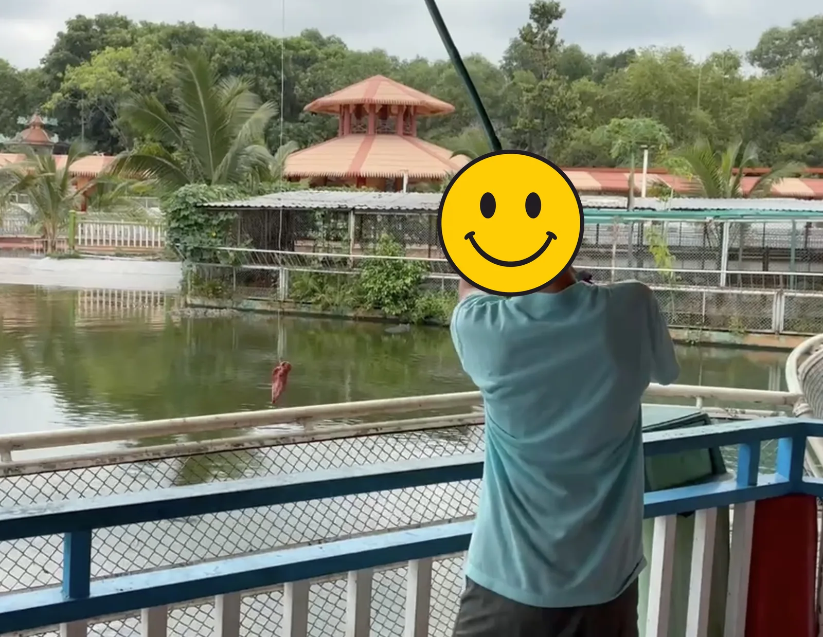 スイティエン公園で竿を使ってワニに餌を与える子ども